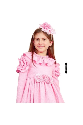 Xo Kids Fırfırlı Kristal Taş Ve Çiçek Baskılı Yay Başörtülü Kız Çocuk 2li Elbise 4-12 Yaş 6522 Pembe