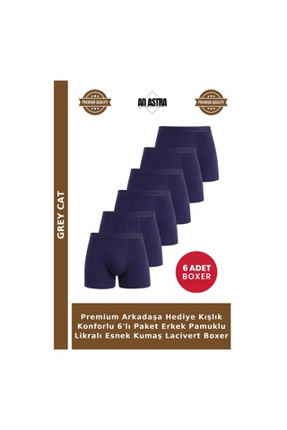 Grey Cat Premium Arkadaşa Hediye Kışlık Konforlu 6'lı Paket Erkek Pamuklu Likralı Esnek Kumaş Lacivert Boxer