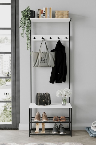 Ruby Vestiyer , Portmanto , Askılık , 3 Raflı Ayakkabılık , Siyah Metal - Beyaz Tabla