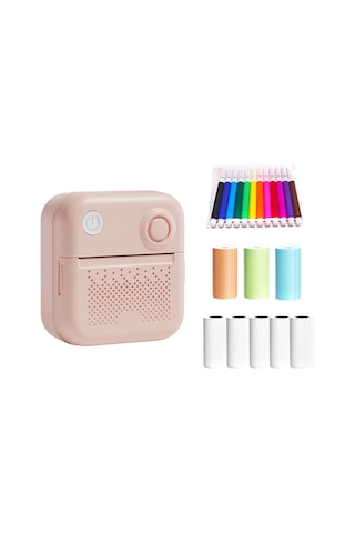 Teltree D3 Termal Etiket Yazıcı 200dpı - Bluetooth, Aı Portre, Multidil Uygulama, 1200mah Pil - Pembe Set: 15mm Etiket 5'li + Renkli Kağıt 3'lü + Kalem 12'li Siyah