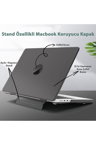 Macbook Air 13.6" M2-m3 Çip 2022/2024 A2681 A3113 Uyumlu Standlı Şeffaf İz Bırakmayan Koruyucu Kapak Siyah