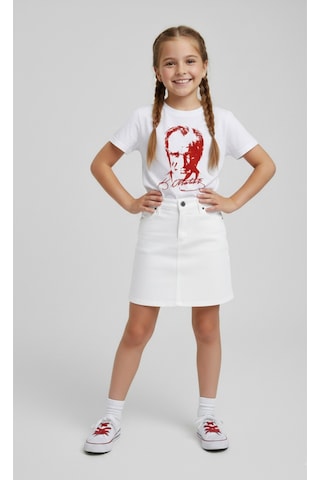 Nacar Store Kız Çocuk Atatürk Baskılı T-shirt Ve Keten Etek Takım 23 Nisan-özel Bayramlar Beyaz Ata-beyaz