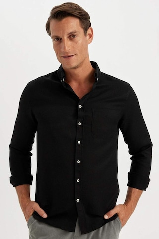 DeFacto Slim Fit Dar Kesim Düğmeli Dokulu Düz Pamuk Karışımlı Uzun Kollu Siyah Gömlek T2066AZ24AUBK81