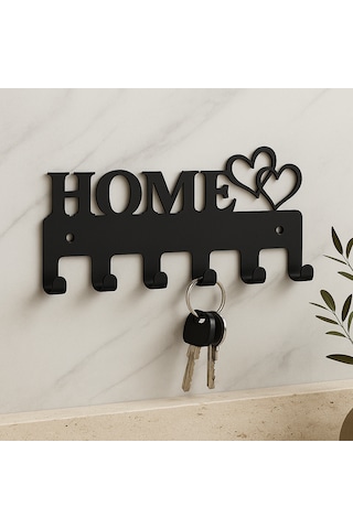 Lunoart Home Yazılı Kalpli Metal Anahtarlık Askısı Duvar Tipi Anahtar Organizer Siyah