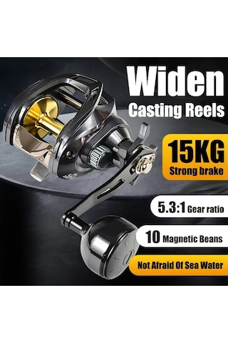 Motion003 1 Adet Uzun Döküm 5.3:1 Dişli Oranlı Sol El Altın İplik Kupası Baitcasting Olta Makinesi 15kg Güçlü Fren Kuvveti Tuzlu Su Balıkçılık Takımı
