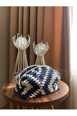 Etnik Zikzak Desenli Duck Kumaş Makyaj Çantası Navajo Tarzı Su Geçirmez Astarlı Seyahat Çantası Mavi