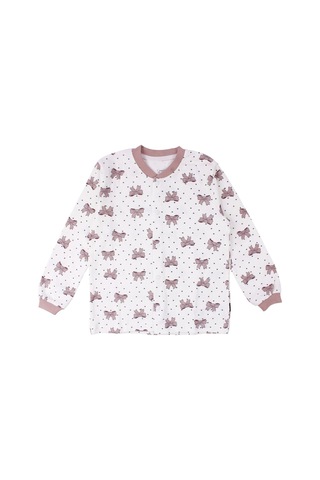 Bebegen Kız Çocuk Ekru Gül Kurusu Fiyonk Baskılı Çıtçıtlı Pijama Çok Renkli