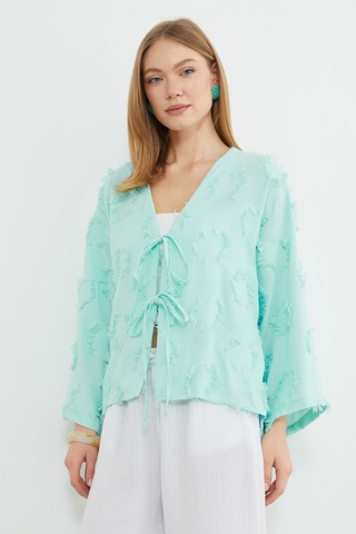 Fullamoda Püsküllü Önü Bağlamalı Salaş Kimono Mint Yeşili