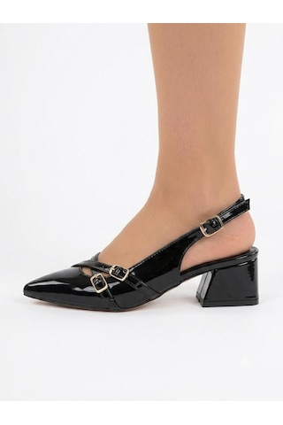 Asmi Shoes Kadın Jela Siyah Rugan 4 Cm Kısa Topuklu Tokalı Ayakkabı