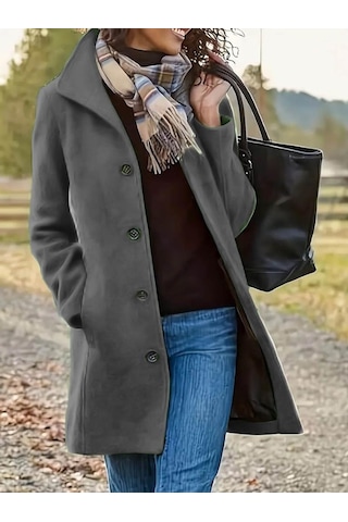 Kadın Uzun Kollu Dik Yakalı Önden Düğmeli Kısa Kaşe Kaban Gri
