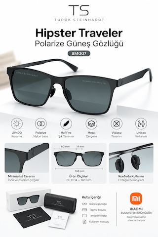 Xiaomi Ts Hipster Traveler Polarize Güneş Gözlüğü Nylon Polarize Lens Metal Çerçeve Hafif Kaliteli Siyah Unisex Sm007-0220