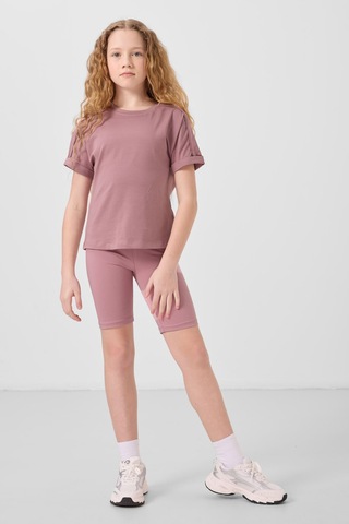 Gül Kurusu Pamuklu O Yaka Oversize Fit Basic Kız Çocuk T-shirt - 75182 Gülkurusu