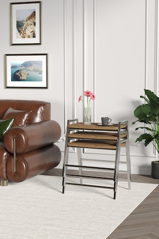 Zigon Sehpa , Aden 3'lü Tepsi Zigon Sehpa Takımı Gümüş Metal - Atlantik Çam Tabla Gümüş-atlantik Çam