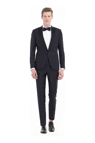 Ramsey Lacivert Düz Fashion Slim Fit Kruvaze Yaka Dokuma Smokin Takım Elbise