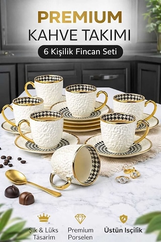 100cc 6lı Fincan Kabartma Gold Altın - Beyaz