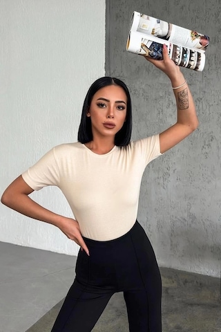 Online Kapsulavm Avm Alışveriş Rahat Ve Şık Kısa Kollu Bisiklet Yaka Likralı Viskon Penye Body Bej Çok Renkli