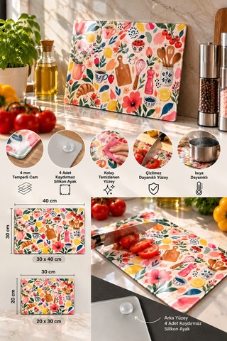 Gökçeoğlu Cam Kesme Tahtası Renkli Çiçek Mutfak Temalı - Cam Kesme Tablası 30cm X 40cm Çok Renkli