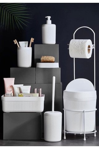 7 Parça Banyo Seti Çöp Kovalı Tuvalet Kağıtlığı Ve Fırçası - Kozmetik Kutusu - Diş Fırçalık - Katı Ve Sıvı Sabunluklar Beyaz