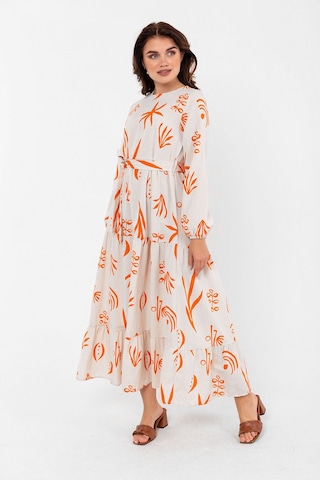 Desenli Yazlık Baharlık Keten Elbise 2103 Turuncu