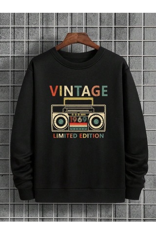 Unisex Siyah Vintage Kaset Baskılı Siyah Bisiklet Yaka Oversize Sweatshirt Siyah