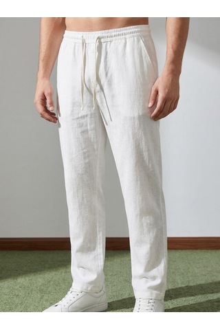 Danger Erkek Baggy Kalıp Beli Lastikli Pamuk Keten Görünümlü Pantolon Ekru 1007dngr
