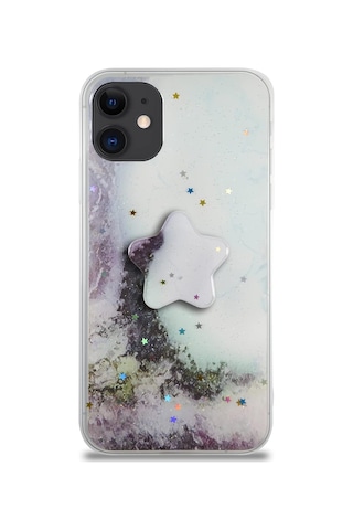 Apple İphone 11 İle Uyumlu Kapak Mermer Desenli Pop Socketli Silikon Kılıf - Beyaz 50 x 22