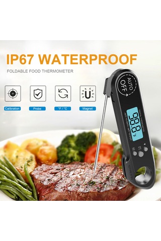 Monyee Siyah Füme Mutfak Termometresi - Ip67 Su Geçirmez, Çelik Prob, Lcd Ekran, Şişe Açıcı Ve Manyetik Tutucu Siyah