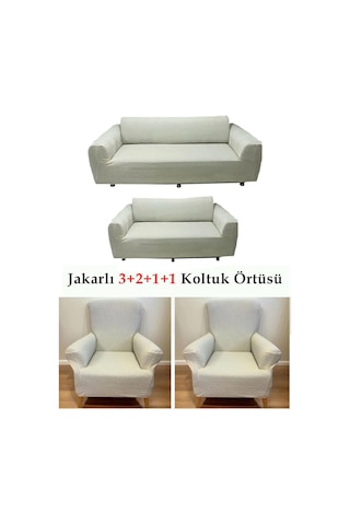 StarMall Jakarlı Çubuk, Düz Desen 3 2 1 1 Lastikli Koltuk, Kanepe, Çekyat Örtüsü, Kılıfı Esnekli Sütlü Krem