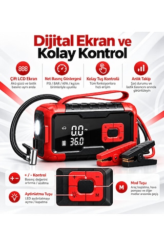 Taşınabilir Akü Takviye Cihazı Ve Dijital Hava Kompresör 1000a 8000 Mah 150 Psı Dijital Ekranlı Led Işıklı Lastik Şişirme