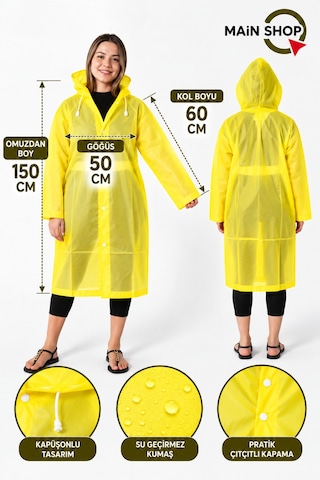 Mainshop Unisex Yağmurluk Kapüşonlu Çıtçıtlı Su Geçirmez Uzun Yağmurluk Kadın Erkek Sarı