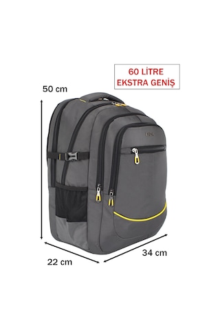 Case Club Dada 09 Dağcı Seyahat Günlük Sırt Çantası 60 Litre 17,3 İnç Darbe Emici Koruma Su Geçirmez Kumaş Gri