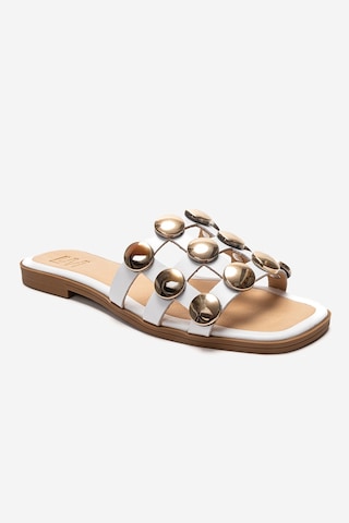Luvishoes Bareon Beyaz Cilt Hakiki Deri Bantlı Altın Tokalı Kadın Terlik