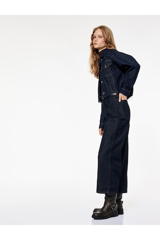 Koton Yüksek Bel Pamuklu Kemer Detaylı Cepli Kısa Geniş Paça Jean Pantolon - Wide Leg Jeans Koyu İndigo 6wal40212md