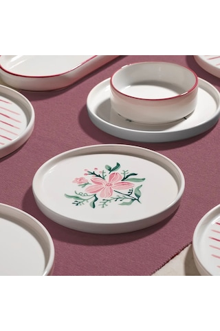 Nehir Line Flowers 6 Kişilik 13 Parça Seramik Kahvaltı Takımı Beyaz - Pembe