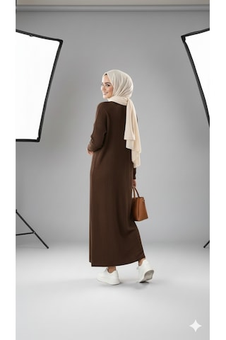 Sonbaharmoda Kadın Uzun Triko Elbise %100 Akrilik Bisiklet Yaka Rahat Ve Şık Kışlık Model Kahverengi