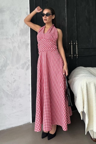 Madmext Kırmızı Ekoseli Midi Boy Kadın Elbise Mg2350 Kırmızı