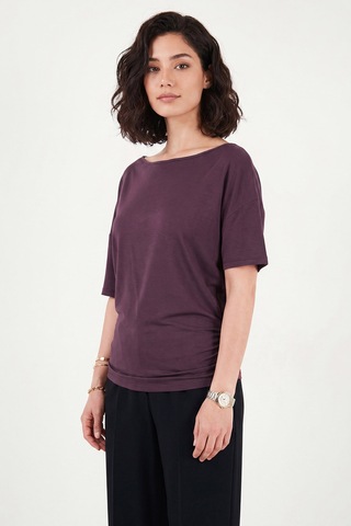 Lela Standart Fit Drape Detaylı Yarasa Kol T Shirt Bayan T Shirt 5866962 Mürdüm
