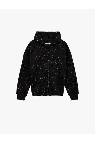 Koton Taş Detaylı Şardonlu Uzun Kollu Kapüşonlu Fermuarlı Sweatshirt Siyah 6sal10412ık Siyah