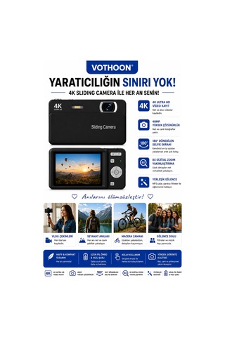 Dijital Kamera 4k Hd 48mp 8x Zoom Flaşlı Kayar Retro Video Kamera 2.4 Ekran 64gb Sd Kart Hediyeli Siyah
