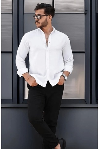 Erkek Müslin Kumaş Uzun Kol Yakalı Beyaz Gömlek Beyaz