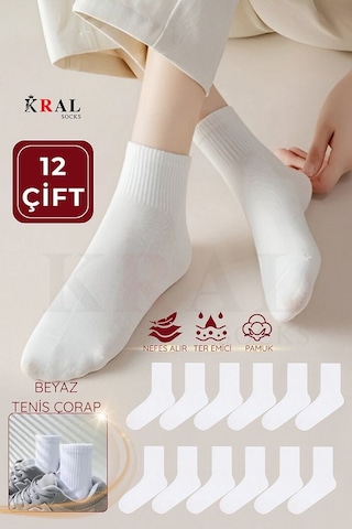 Kral Socks Unisex 12 Çift Beyaz Çizgili Pamuklu Kolej Tenis Çorabı Beyaz