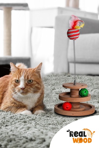 Ahşap - Kedi Oyuncağı - Çok Amaçlı Kullanım Çıngıraklı Ve Yaylı Top İçermektedir