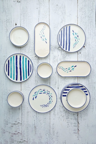 Kevin Seramik Hand Made 14 Parça 6 Kişilik Marin Kahvaltı Takımı Beyaz - Mavi