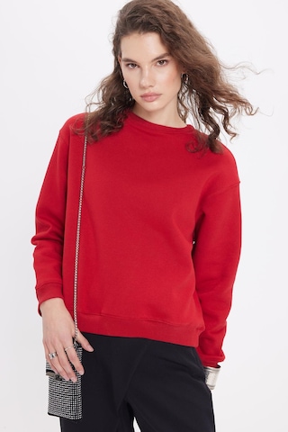 Tudors Kadın Oversize Geniş Kesim Pamuklu Bisiklet Yaka Kırmızı Sweatshirt-39924 Kırmızı