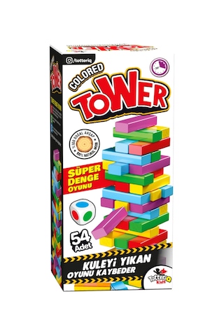 Tower Renkli Jenga Büyük Boy Doğal Ahşap Denge Oyunu Kule Oyunu Tower 54 Adet
