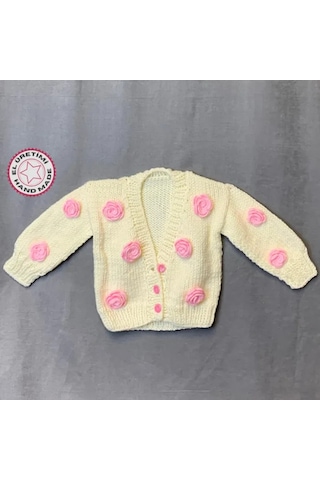 Uretti - Yıldız 7202 - El Örgüsü Çiçek Süslemeli Beyaz Kız Bebek Hırka - 1/2 Yaş Beyaz