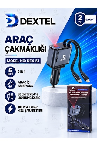 5 İn 1 Araç Çakmaklık Şarj Cihazı - Hızlı Şarj Özellikli - Lazer Tavan Aydınlatma Ambianslı - 12-24 V Uyumlu - Çekmeli Makaralı Kablolu
