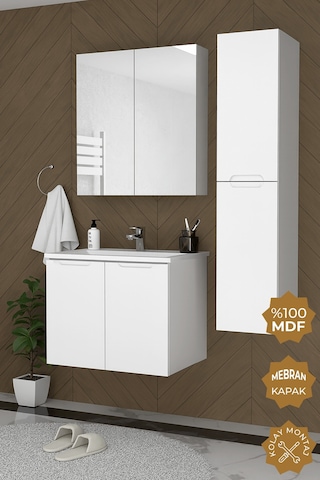 Teta Home Astana 80 Cm Mdf Gövde Membran Kapak Banyo Dolabı Seti + Boy Dolabı Beyaz