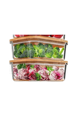 Morponi Bambu Kapaklı 2'li Diktörtgen Vakumlu Kase Cam Saklama Kabı 1000 Ml Şeffaf