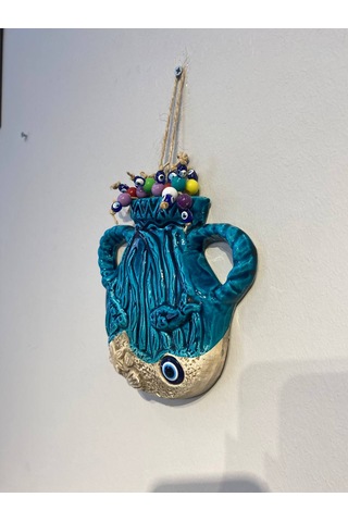 El Yapımı Nazar Boncuğu, Duvar Dekorasyon Ürünü, Seramik, El İşçiliği, Turkuaz Renkte Saksı Desenli -